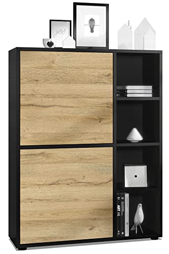 Vladon Highboard Schrank Anrichte Cuba mit 8 Fächern, Made in Germany, Korpus in Schwarz matt/Fronten in Eiche Natur von Vladon