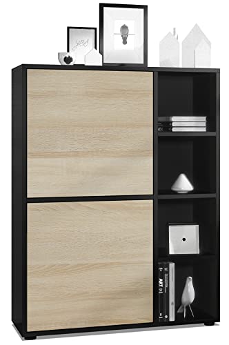 Vladon Highboard Schrank Anrichte Cuba mit 8 Fächern, Made in Germany, Korpus in Schwarz matt/Fronten in Eiche sägerau von Vladon