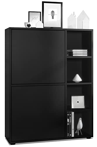 Vladon Highboard Schrank Anrichte Cuba mit 8 Fächern, Made in Germany, Korpus in Schwarz matt/Fronten in Schwarz matt von Vladon