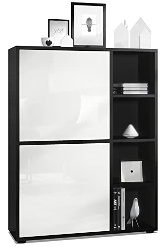 Vladon Highboard Schrank Anrichte Cuba mit 8 Fächern, Made in Germany, Korpus in Schwarz matt/Fronten in Weiß Hochglanz von Vladon