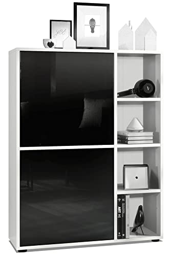 Vladon Highboard Schrank Anrichte Cuba mit 8 Fächern, Made in Germany, Korpus in Weiß matt/Fronten in Schwarz Hochglanz von Vladon