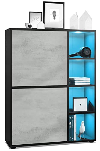 Vladon Highboard Schrank Anrichte Cuba mit 8 Fächern, Made in Germany, Korpus in Schwarz matt/Fronten in Beton Oxid Optik, mit RGB LED Beleuchtung von Vladon