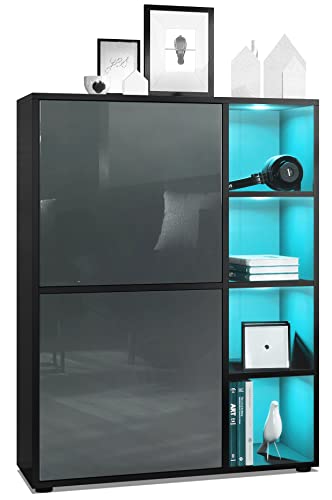 Vladon Highboard Schrank Anrichte Cuba mit 8 Fächern, Made in Germany, Korpus in Schwarz matt/Fronten in Grau Hochglanz, mit RGB LED Beleuchtung von Vladon