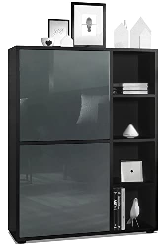Vladon Highboard Schrank Anrichte Cuba mit 8 Fächern, Made in Germany, Korpus in Schwarz matt/Fronten in Grau Hochglanz von Vladon