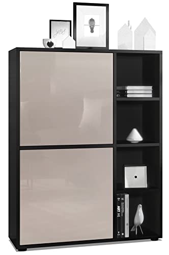 Vladon Highboard Schrank Anrichte Cuba mit 8 Fächern, Made in Germany, Korpus in Schwarz matt/Fronten in Sandgrau Hochglanz von Vladon