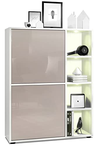Vladon Highboard Schrank Anrichte Cuba mit 8 Fächern, Made in Germany, Korpus in Weiß matt/Fronten in Sandgrau Hochglanz, mit RGB LED Beleuchtung Vladon Highboard Schrank Anrichte Cuba mit 8 Fächern, Made in Germany, Korpus in Weiß matt/Fronten in Sandgrau Hochglanz, mit RGB LED Beleuchtung von Vladon