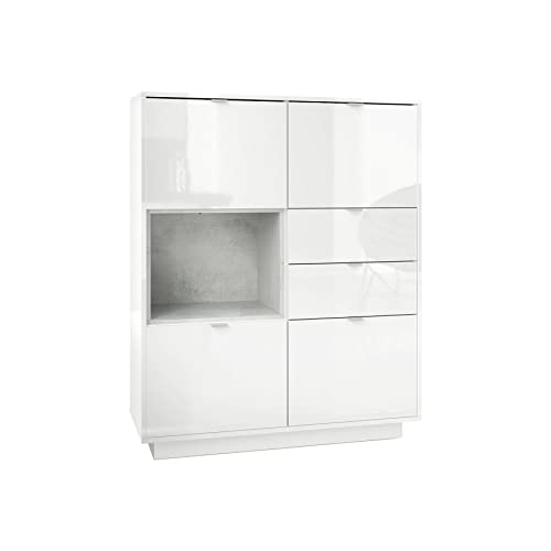 Vladon Highboard Sideboard Metro, Made in Germany, Korpus in Weiß Hochglanz/Fronten in Weiß Hochglanz mit Einsatz in Beton Oxid Optik von Vladon