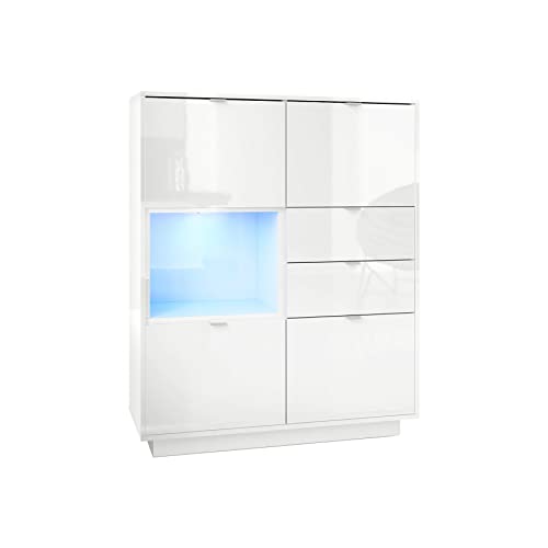 Vladon Highboard Sideboard Metro, Made in Germany, Korpus in Weiß Hochglanz/Fronten in Weiß Hochglanz mit Einsatz in Weiß Hochglanz, inkl. LED Beleuchtung von Vladon