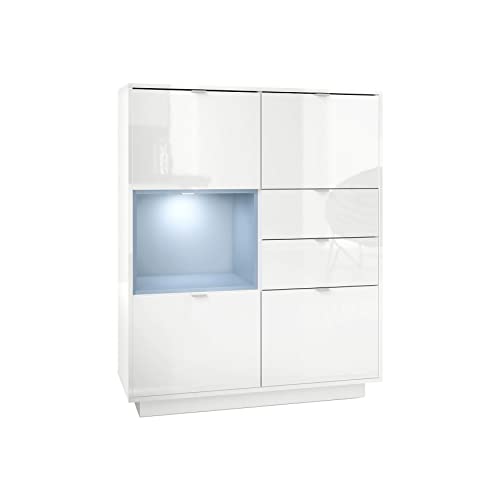 Vladon Highboard Sideboard Metro, Made in Germany, Korpus in Weiß Hochglanz/Fronten in Weiß Hochglanz mit Einsatz in Denim matt, inkl. LED Beleuchtung von Vladon