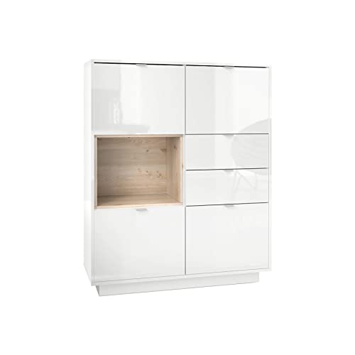 Vladon Highboard Sideboard Metro, Made in Germany, Korpus in Weiß Hochglanz/Fronten in Weiß Hochglanz mit Einsatz in Eiche Nordic von Vladon