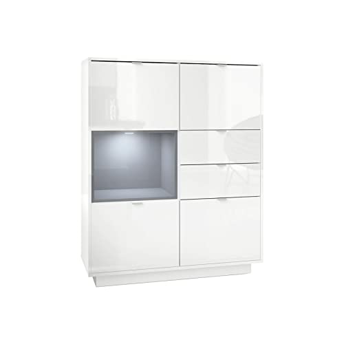 Vladon Highboard Sideboard Metro, Made in Germany, Korpus in Weiß Hochglanz/Fronten in Weiß Hochglanz mit Einsatz in Grau Hochglanz, inkl. LED Beleuchtung von Vladon