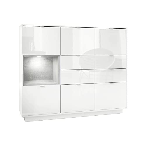 Vladon Highboard Sideboard Metro V2, Made in Germany, Korpus in Weiß Hochglanz/Fronten in Weiß Hochglanz mit Einsatz in Beton Oxid Optik, inkl. LED Beleuchtung von Vladon