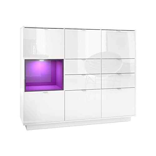 Vladon Highboard Sideboard Metro V2, Made in Germany, Korpus in Weiß Hochglanz/Fronten in Weiß Hochglanz mit Einsatz in Brombeer Hochglanz, inkl. LED Beleuchtung von Vladon