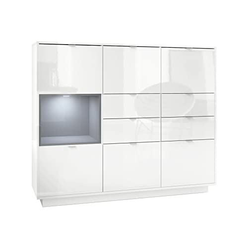 Vladon Highboard Sideboard Metro V2, Made in Germany, Korpus in Weiß Hochglanz/Fronten in Weiß Hochglanz mit Einsatz in Grau Hochglanz, inkl. LED Beleuchtung von Vladon