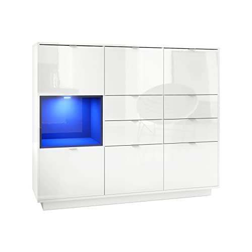 Vladon Highboard Sideboard Metro V2, Made in Germany, Korpus in Weiß Hochglanz/Fronten in Weiß Hochglanz mit Einsatz in Schwarz Hochglanz, inkl. LED Beleuchtung von Vladon