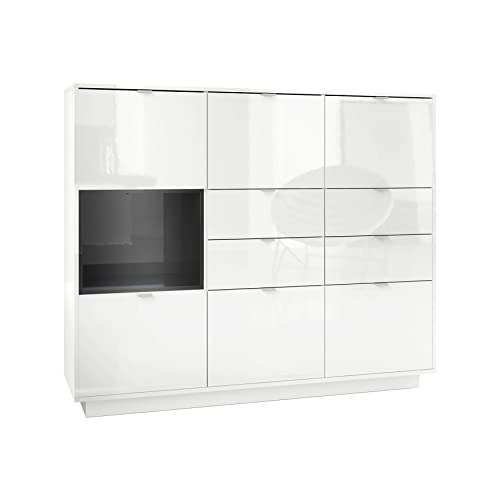 Vladon Highboard Sideboard Metro V2, Made in Germany, Korpus in Weiß Hochglanz/Fronten in Weiß Hochglanz mit Einsatz in Schwarz Hochglanz von Vladon