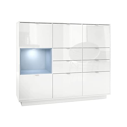 Vladon Highboard Sideboard Metro V2, Made in Germany, Korpus in Weiß Hochglanz/Fronten in Weiß Hochglanz mit Einsatz in Denim matt, inkl. LED Beleuchtung von Vladon