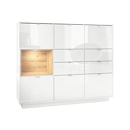 Vladon Highboard Sideboard Metro V2, Made in Germany, Korpus in Weiß Hochglanz/Fronten in Weiß Hochglanz mit Einsatz in Eiche Natur, inkl. LED Beleuchtung von Vladon