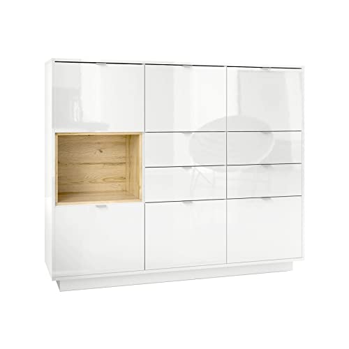 Vladon Highboard Sideboard Metro V2, Made in Germany, Korpus in Weiß Hochglanz/Fronten in Weiß Hochglanz mit Einsatz in Eiche Natur von Vladon