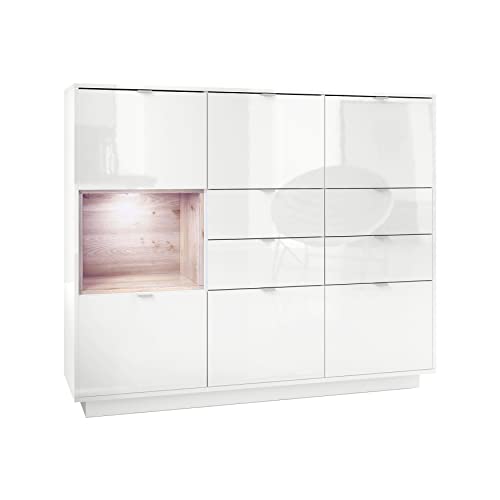 Vladon Highboard Sideboard Metro V2, Made in Germany, Korpus in Weiß Hochglanz/Fronten in Weiß Hochglanz mit Einsatz in Eiche Nordic, inkl. LED Beleuchtung von Vladon