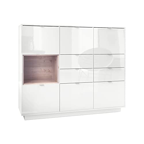 Vladon Highboard Sideboard Metro V2, Made in Germany, Korpus in Weiß Hochglanz/Fronten in Weiß Hochglanz mit Einsatz in Eiche Nordic von Vladon