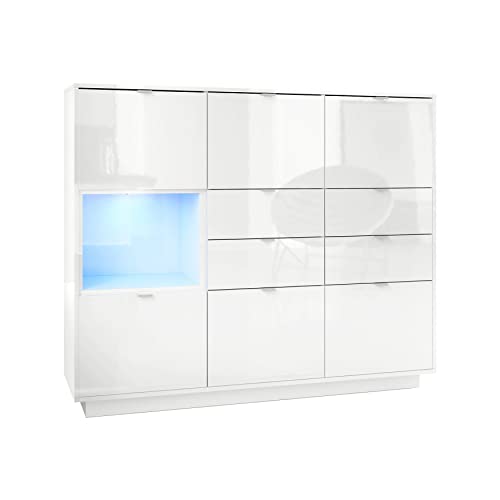 Vladon Highboard Sideboard Metro V2, Made in Germany, Korpus in Weiß Hochglanz/Fronten in Weiß Hochglanz mit Einsatz in Weiß Hochglanz, inkl. LED Beleuchtung von Vladon