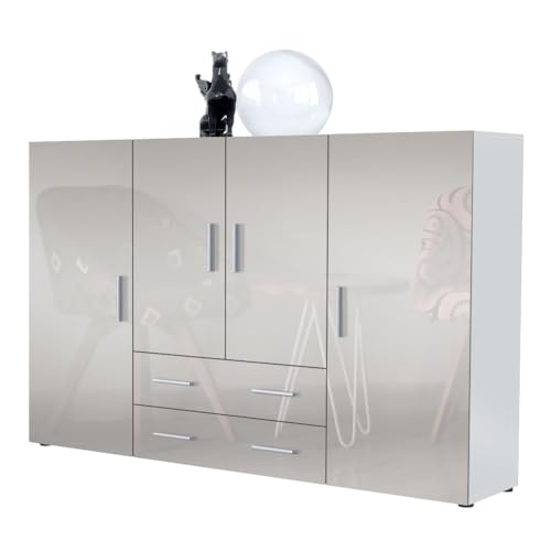 Vladon Highboard Nora Anrichte mit 2 Schubladen und 4 Türen mit insgesamt 8 Fächer dahinter, Weiß matt/Sandgrau Hochglanz (166,5 x 106,5 x 35 cm) von Vladon