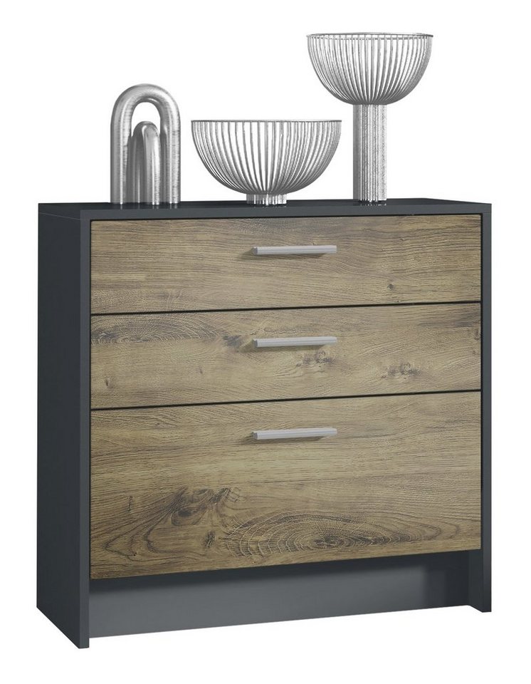 Vladon Kommode Alvor (Sideboard, mit 3 Schubladen), Schwarz matt/Eiche Ribbeck (76 x 74 x 33) von Vladon