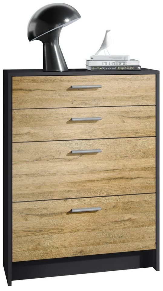 Vladon Kommode Alvor (Sideboard, mit 4 Schubladen), Schwarz matt/Eiche Natur (76 x 102,5 x 33) von Vladon