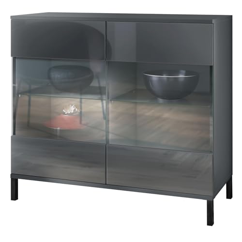Vladon Kommode Bari V3, Moderner Küchenschrank mit 2 großen Glastüren inkl. RGB Beleuchtung Anthrazit matt/Grau Hochglanz (92,5 x 83.5 x 35) von Vladon