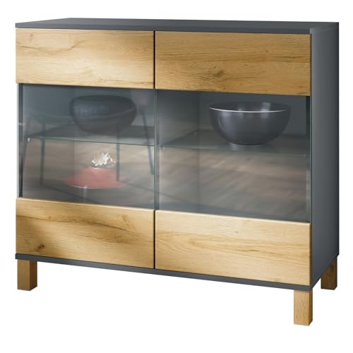 Vladon Kommode Bari V3 Holz Edition, Moderner Küchenschrank mit 2 großen Glastüren Anthrazit matt/Eiche Natur (92,5 x 84,5 x 35) von Vladon