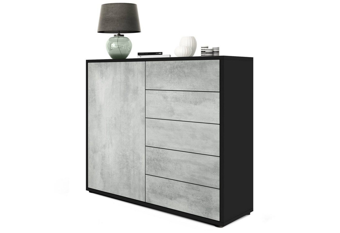 Vladon Kommode Ben V2 (Kommode, mit 1 Tür und 5 Schubladen), Schwarz matt/Beton Oxid-Optik (79 x 74 x 36 cm) von Vladon