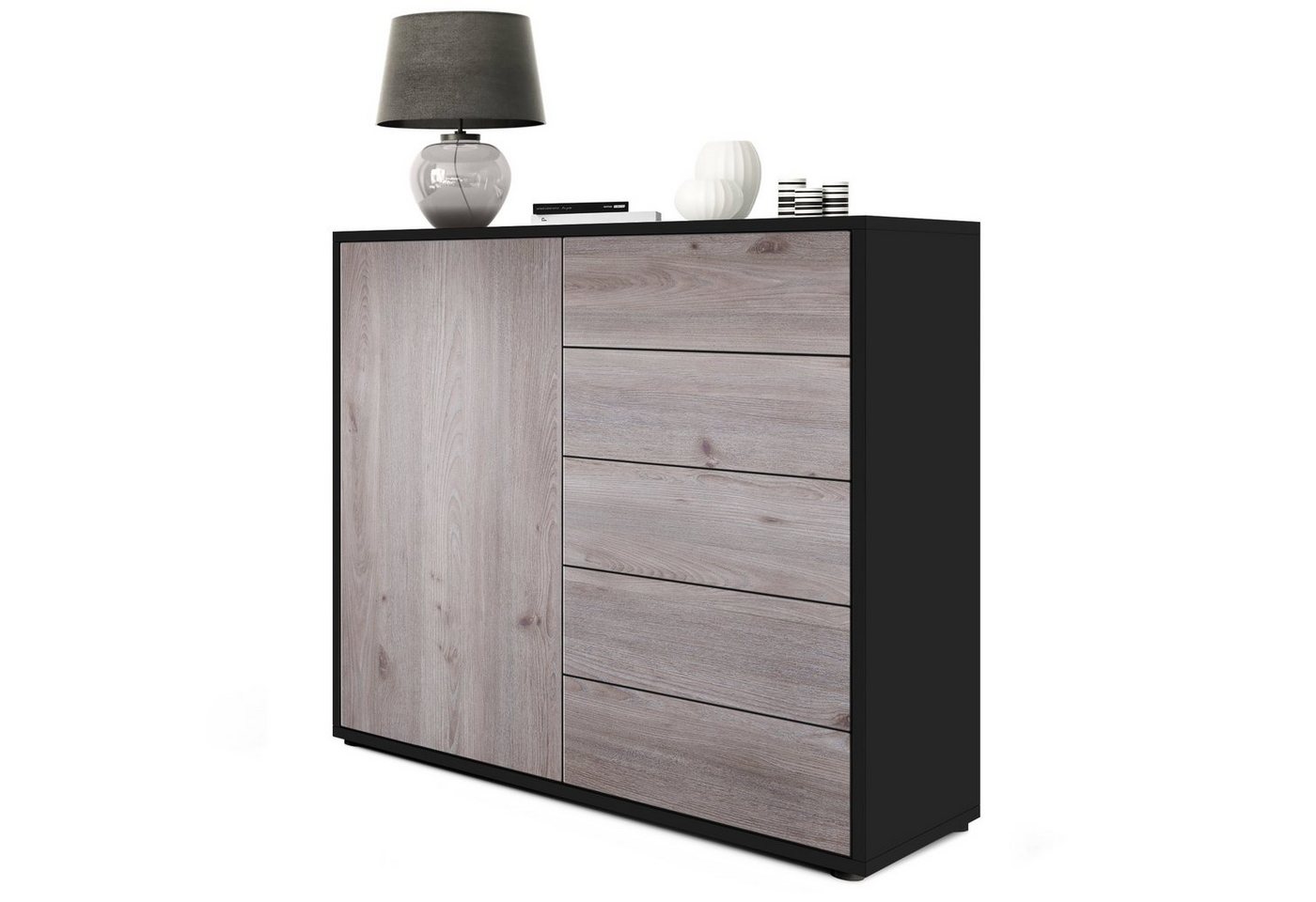 Vladon Kommode Ben V2 (Kommode, mit 1 Tür und 5 Schubladen), Schwarz matt/Eiche Nordic (79 x 74 x 36 cm) von Vladon