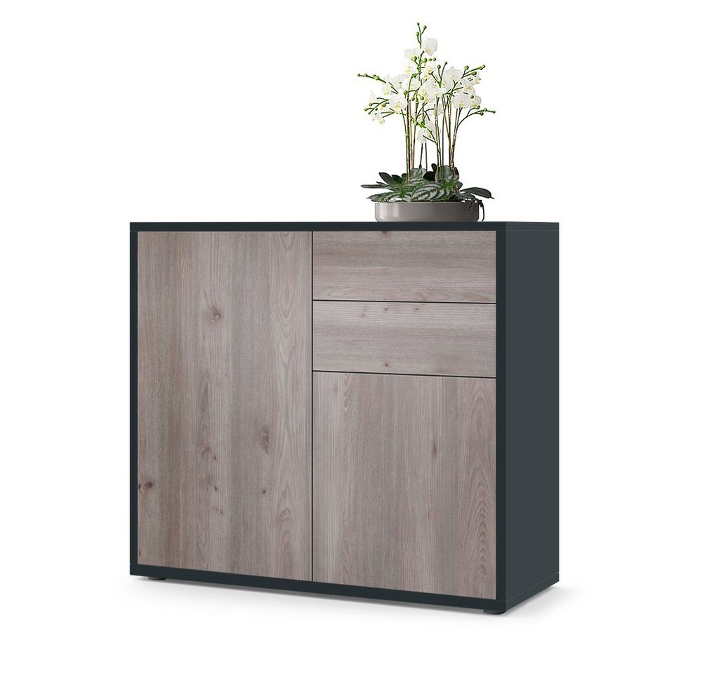 Vladon Kommode Ben V1 (Kommode, mit 2 Türen und 2 Schubladen), Schwarz matt/Eiche Nordic (79 x 74 x 36 cm) von Vladon