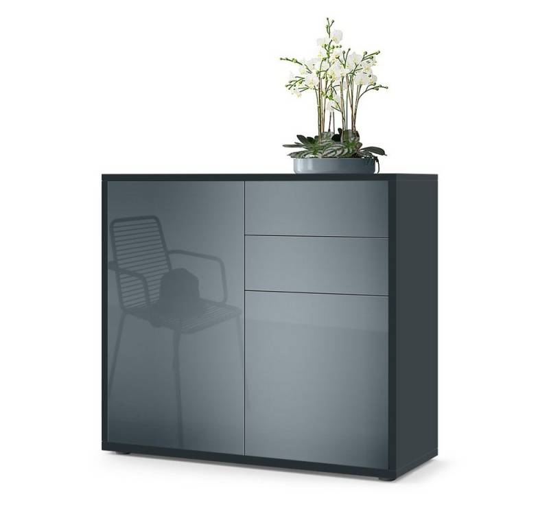Vladon Kommode Ben V1 (Kommode, mit 2 Türen und 2 Schubladen), Schwarz matt/Grau Hochglanz (79 x 74 x 36 cm) von Vladon