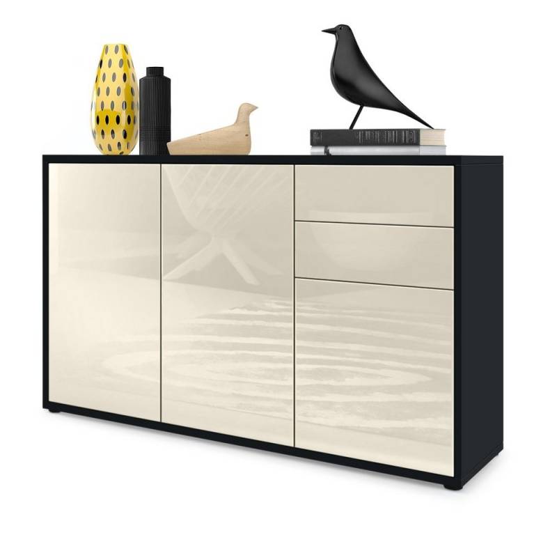 Vladon Kommode Ben V3 (Kommode, mit 3 Türen und 2 Schubladen), Schwarz matt/Creme Hochglanz (117 x 74 x 36 cm) von Vladon