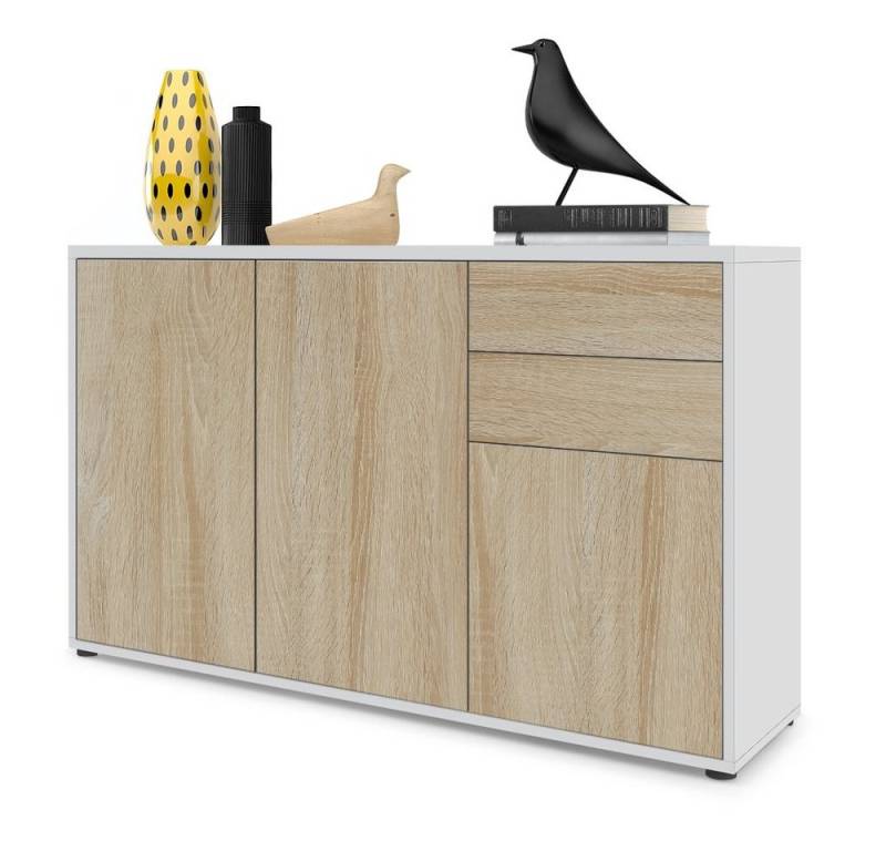 Vladon Kommode Ben V3 (Kommode, mit 3 Türen und 2 Schubladen), Weiß matt/Eiche Sägerau (117 x 74 x 36 cm) von Vladon