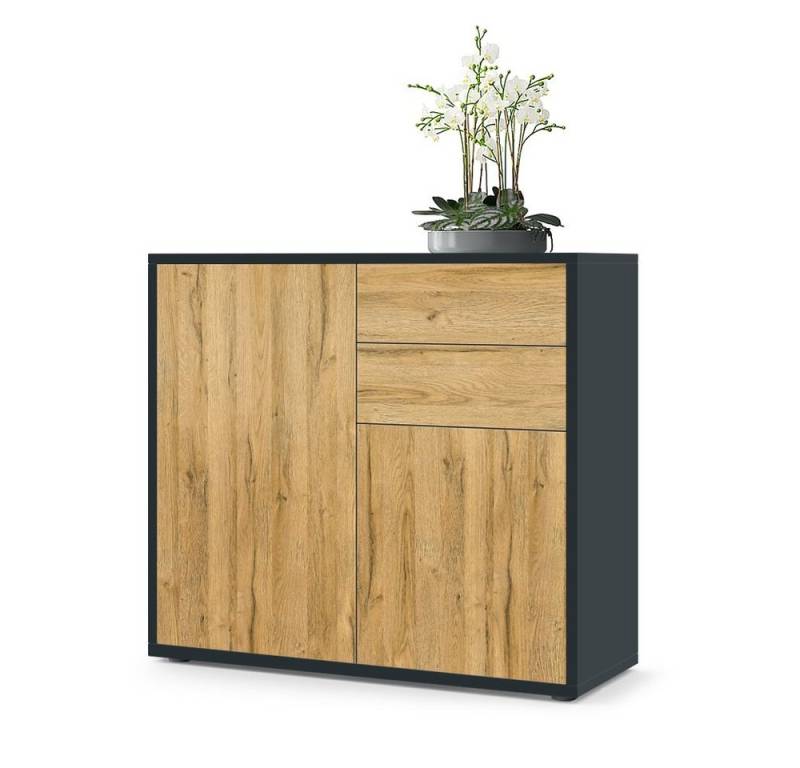 Vladon Kommode Ben V1 (Kommode, mit 2 Türen und 2 Schubladen), Schwarz matt/Eiche Natur (79 x 74 x 36 cm) von Vladon