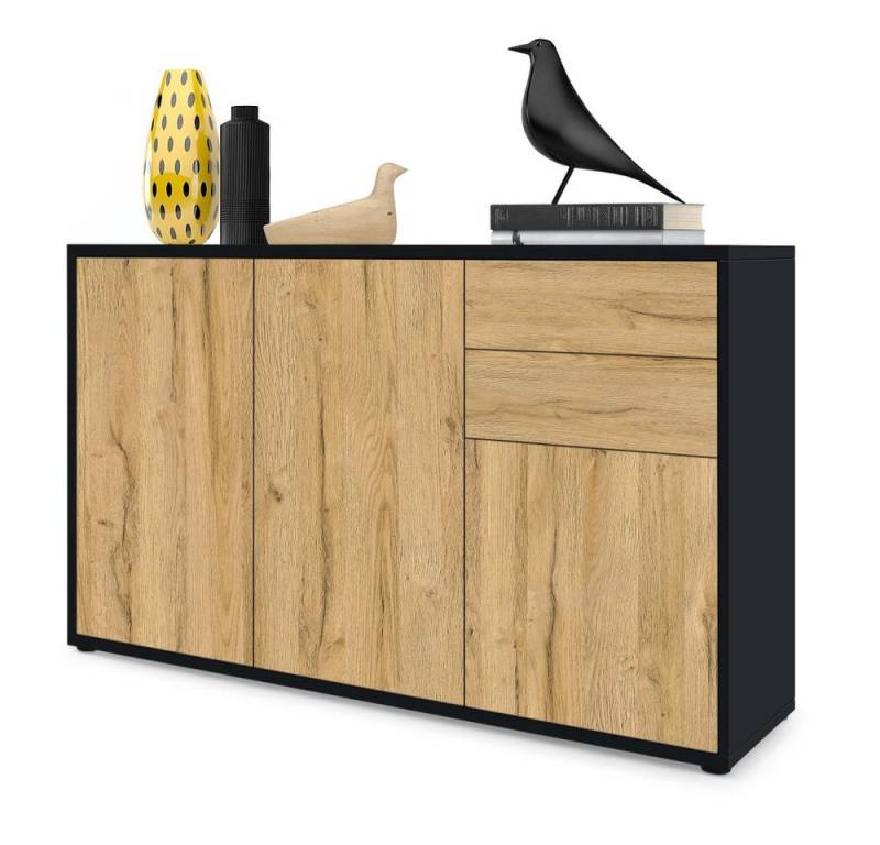 Vladon Kommode Ben V3 (Kommode, mit 3 Türen und 2 Schubladen), Schwarz matt/Eiche Natur (117 x 74 x 36 cm) von Vladon