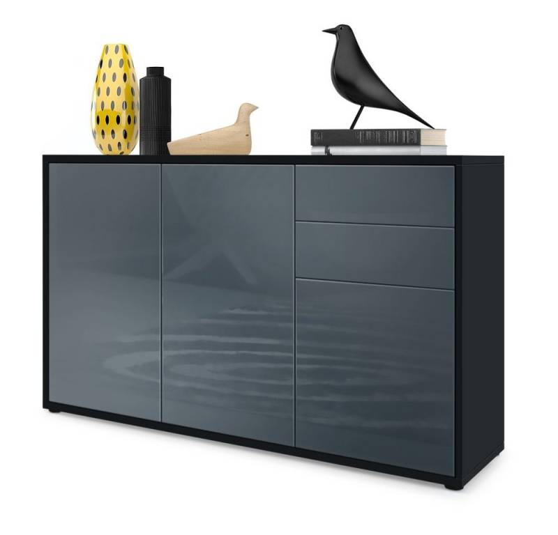 Vladon Kommode Ben V3 (Kommode, mit 3 Türen und 2 Schubladen), Schwarz matt/Grau Hochglanz (117 x 74 x 36 cm) von Vladon