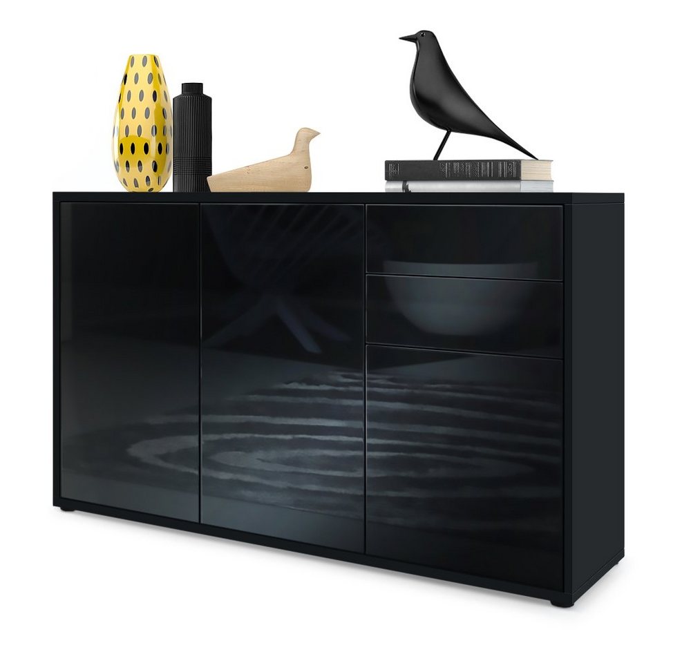 Vladon Kommode Ben V3 (Kommode, mit 3 Türen und 2 Schubladen), Schwarz matt/Schwarz Hochglanz (117 x 74 x 36 cm) von Vladon