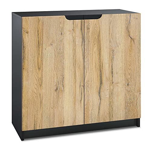 Vladon Sideboard Logan, Made in Germany, Kommode mit 2 Türen, Schwarz matt/Eiche Natur (82 x 78 x 37 cm) von Vladon