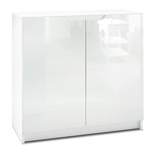 Vladon Sideboard Logan, Made in Germany, Kommode mit 2 Türen, Weiß matt/Weiß Hochglanz (82 x 78 x 37 cm) von Vladon