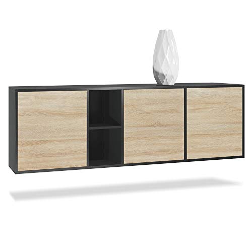 Vladon Kommode Cuba, Made in Germany, Schwarz matt/Eiche sägerau - Modernes Sideboard für Ihr Wohnbereich - (BxHxT) 182x53x35 cm von Vladon