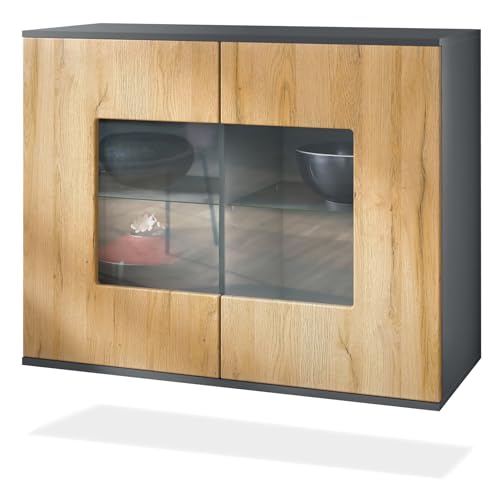 Vladon Kommode Grömitz V3, Moderner Küchenschrank mit 2 großen Glastüren Anthrazit matt/Eiche Natur (92,5 x 73.5 x 35) von Vladon