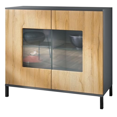 Vladon Kommode Grömitz V3, Moderner Küchenschrank mit 2 großen Glastüren Anthrazit matt/Eiche Natur (92,5 x 83.5 x 35) von Vladon