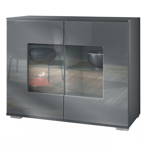 Vladon Kommode Grömitz V3, Moderner Küchenschrank mit 2 großen Glastüren Anthrazit matt/Grau Hochglanz (92,5 x 75.5 x 35) von Vladon