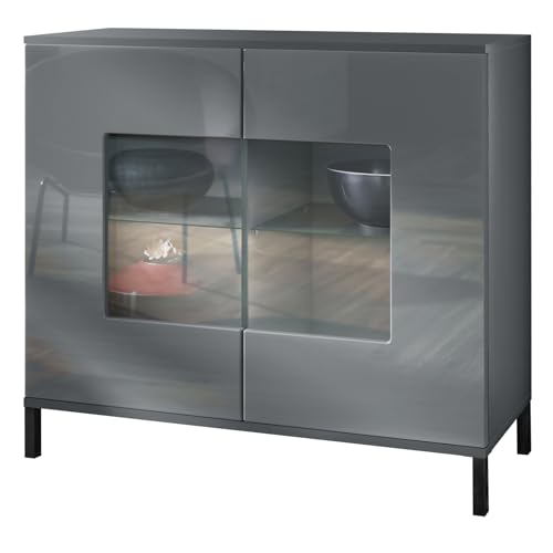 Vladon Kommode Grömitz V3, Moderner Küchenschrank mit 2 großen Glastüren Anthrazit matt/Grau Hochglanz (92,5 x 83.5 x 35) von Vladon