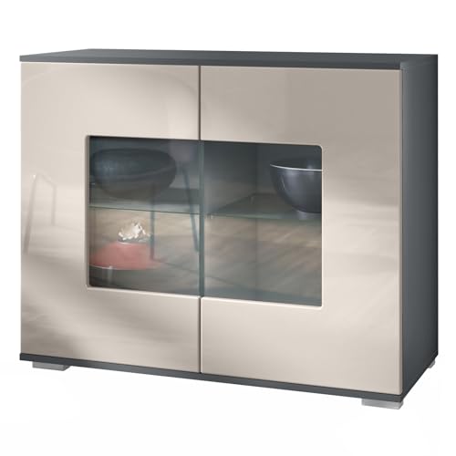 Vladon Kommode Grömitz V3, Moderner Küchenschrank mit 2 großen Glastüren Anthrazit matt/Sandgrau Hochglanz (92,5 x 75.5 x 35) von Vladon
