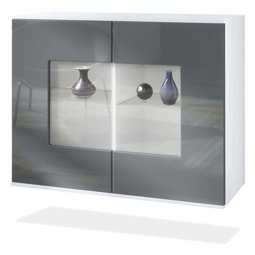 Vladon Kommode Grömitz V3, Moderner Küchenschrank mit 2 großen Glastüren Weiß matt/Grau Hochglanz (92,5 x 73.5 x 35) von Vladon